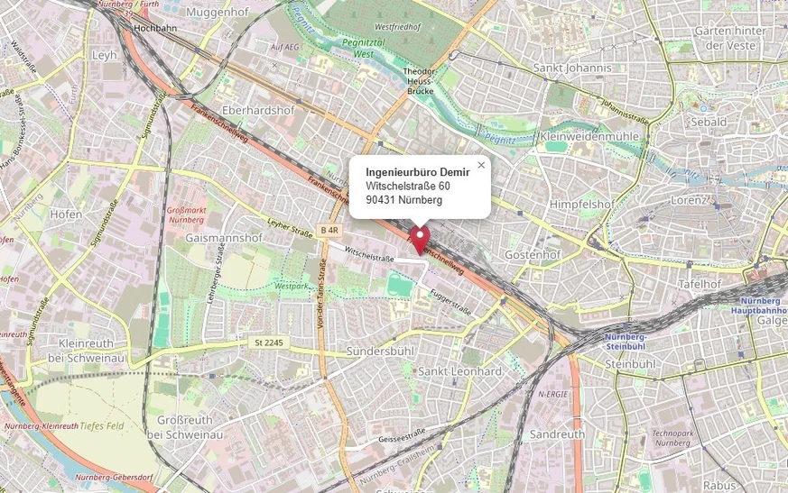 Standortkarte HU Inspektionsstelle Nürnberg Witschelstraße 60 – Anfahrt und Lage